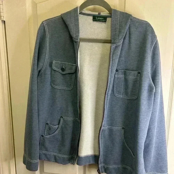 🩵Lauren Ralph Lauren Blue Hooded Sweatshirt w/Front Pockets & White Stitching🩵 - Picture 3 of 14